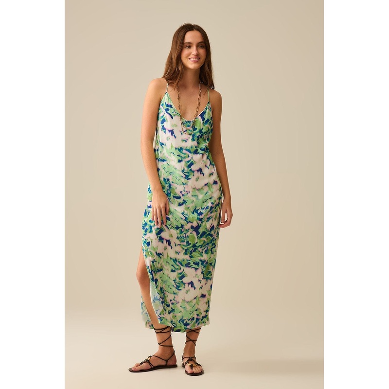 Long Green Floral Print Dress With Wide Back Neckline