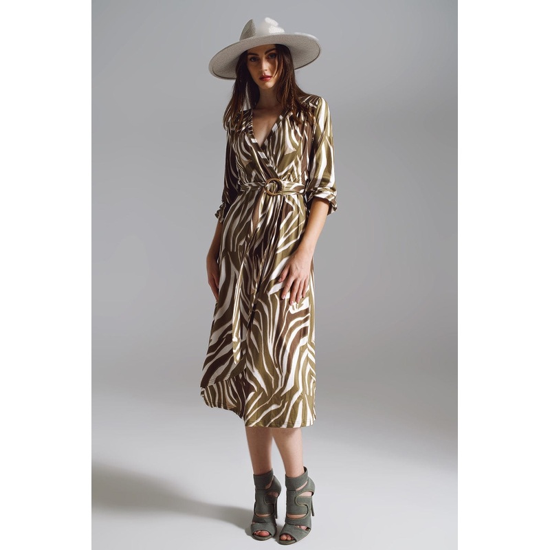 Midi Belted Wrap Dress In Olive Green And Cream Zebra Print