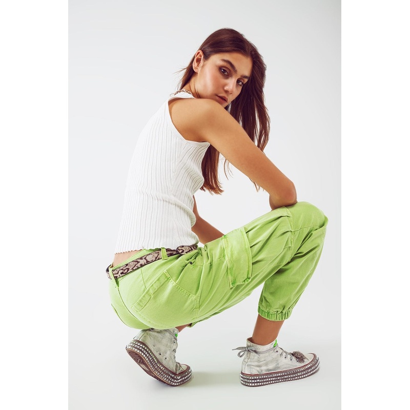 Mint Green Cargo Pants With Elasticated Waist And Hem