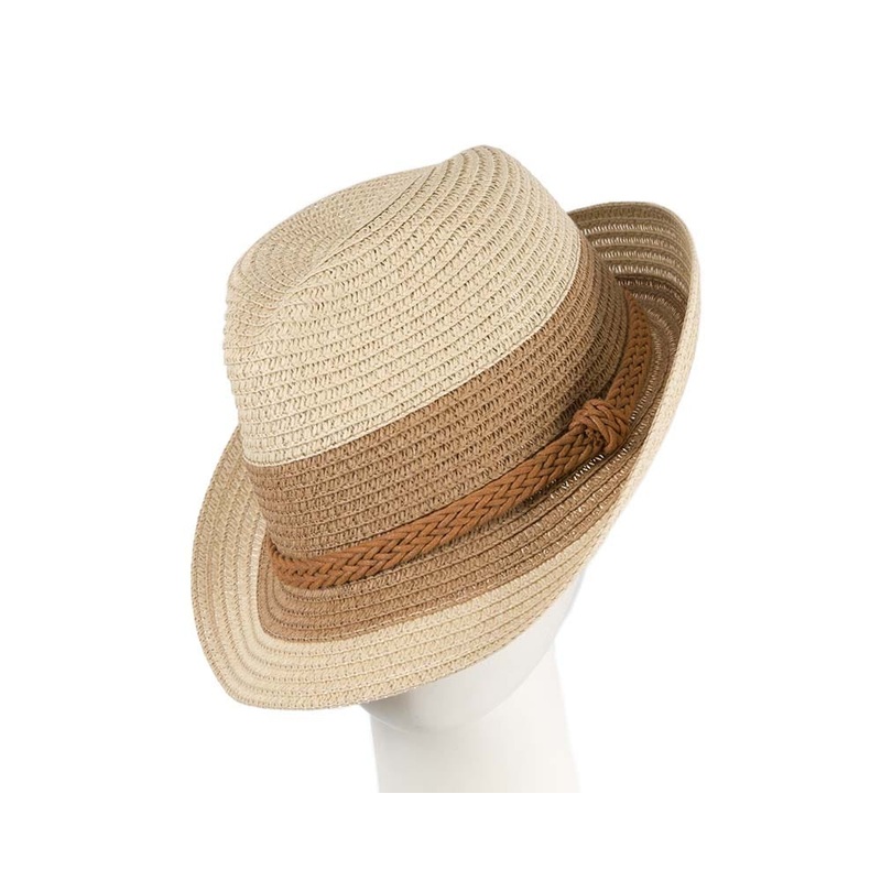 Multicolor Short Brim Fedora Hat In Beige & Tan