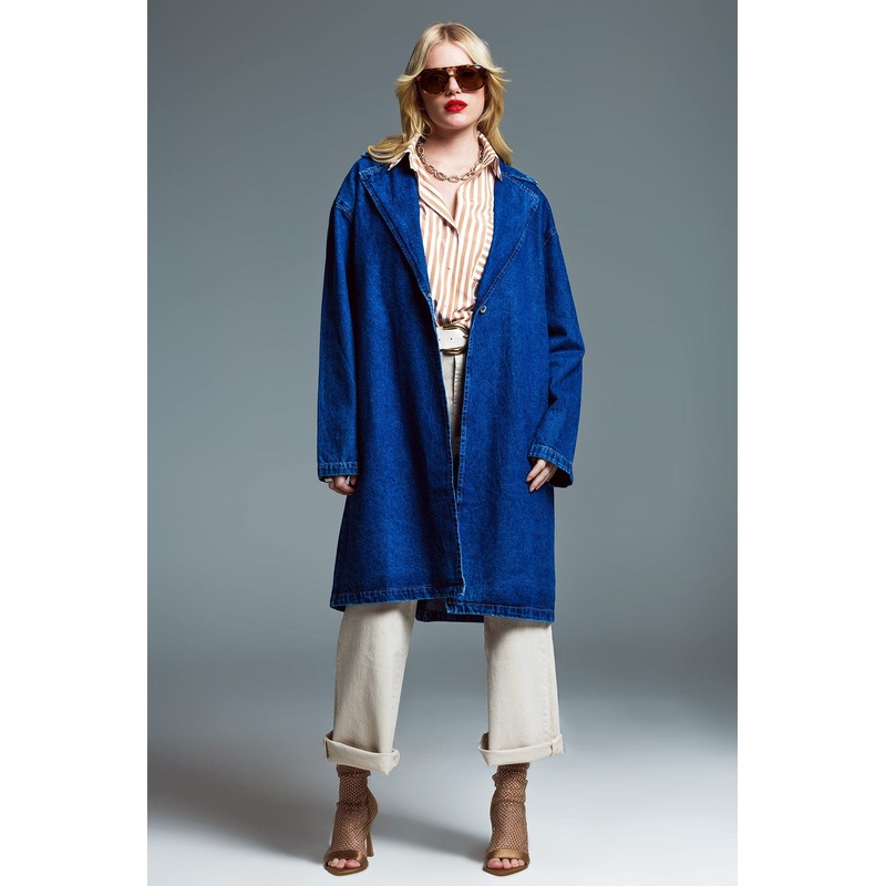 Oversized Denim Coat With Wide Collar In Mid Wash