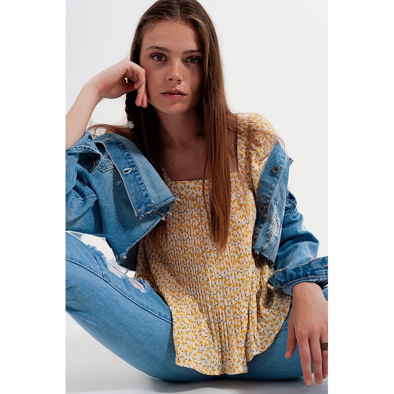 Puff Sleeve Top With Square Neck In Yellow Floral Print