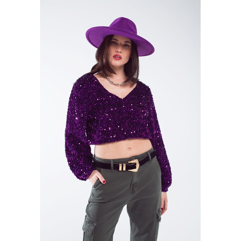 Purple Sequin Top With V-Neckline Ballon Sleeves And Open Back