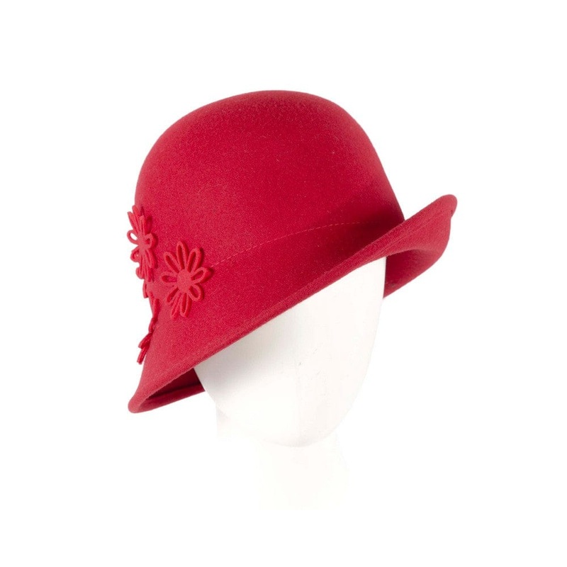 Red felt cloche hat with flowers by Max Alexander