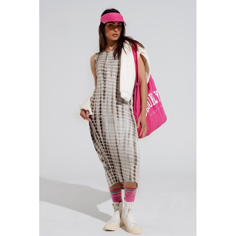 Relaxed Maxi Tie Dye Dress In Shades Of Khaki