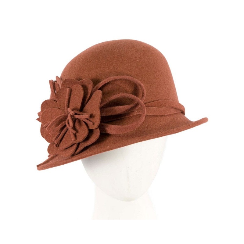 Rust felt winter hat with flower by Max Alexander