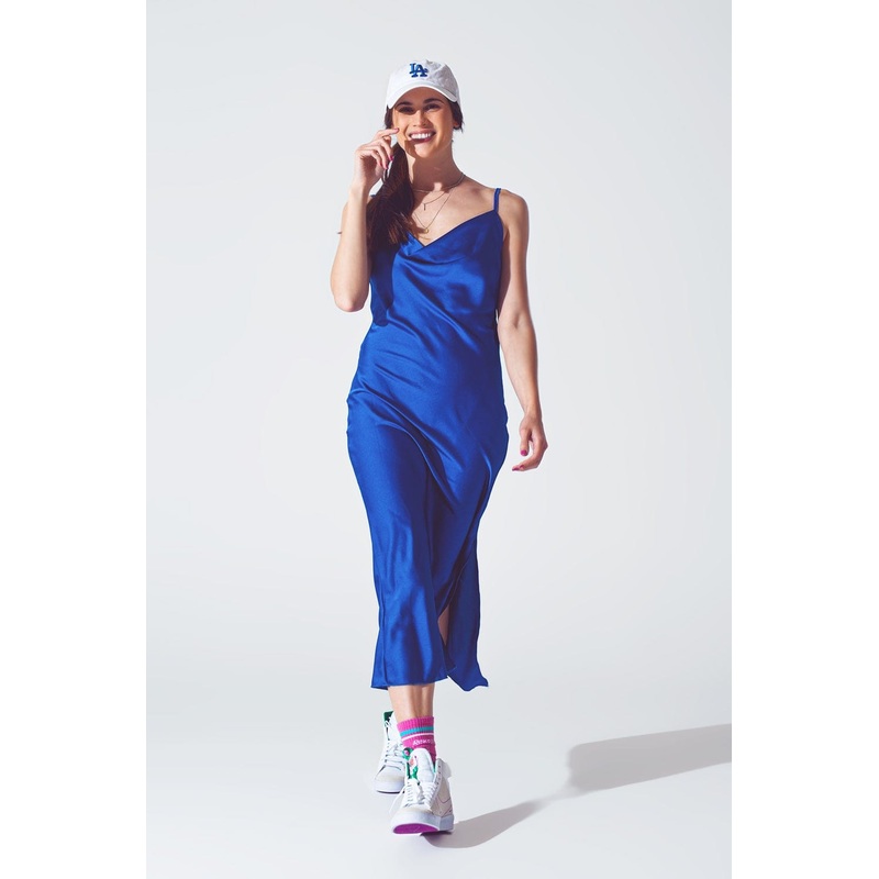 Satin Dress With Waterfall Neckline In Blue