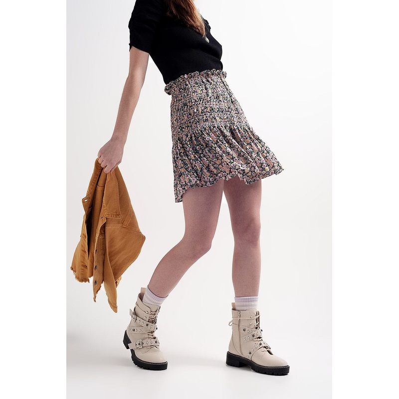 Shirred Skater Skirt Co-Ord In Black Ditsy Floral