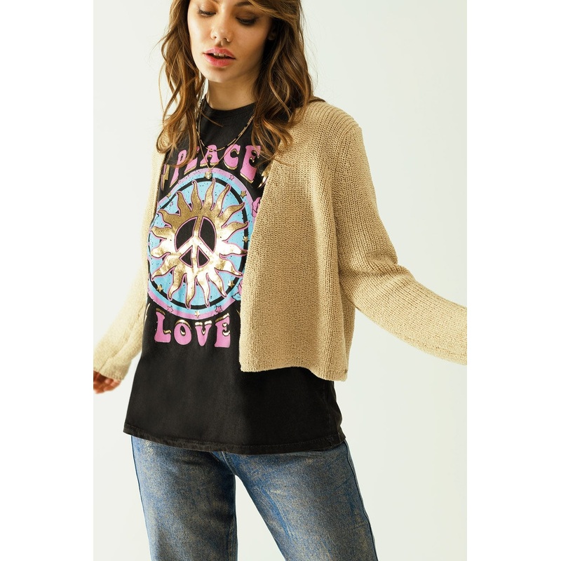 Short Open Cardigan In Beige Knit With Long Sleeves