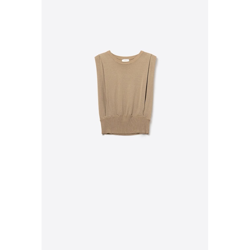 Sleeveless Knit Top With Draped Shoulders In Camel