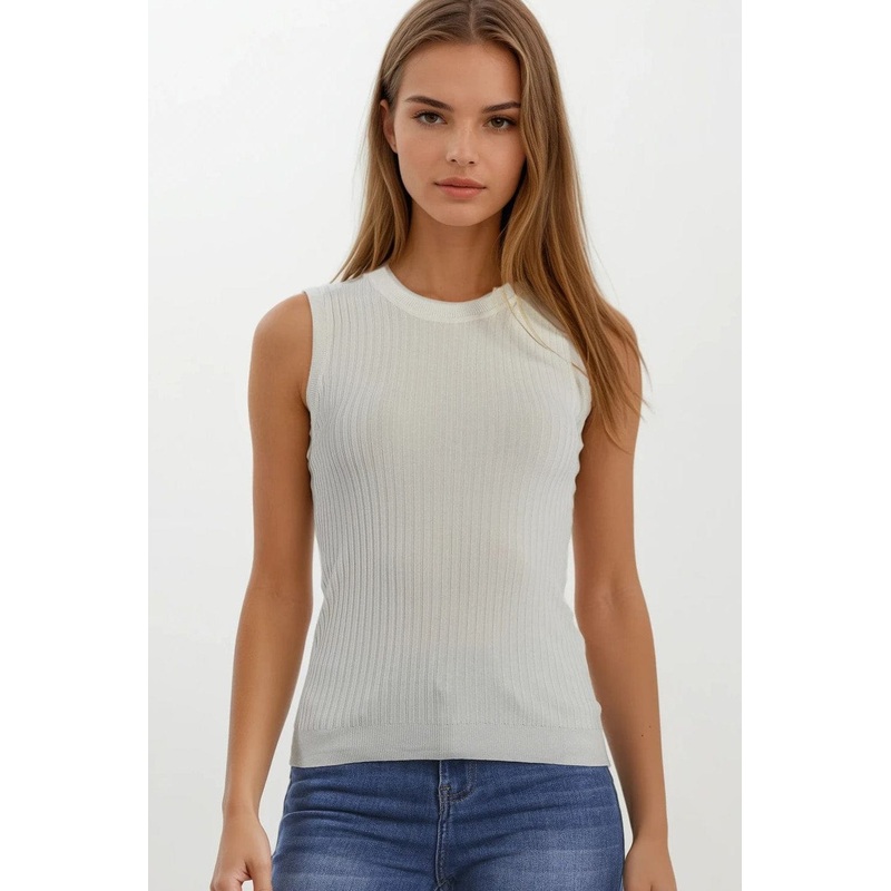 Sleeveless Ribbed Knitted Bodycon Fit Sweater In Beige