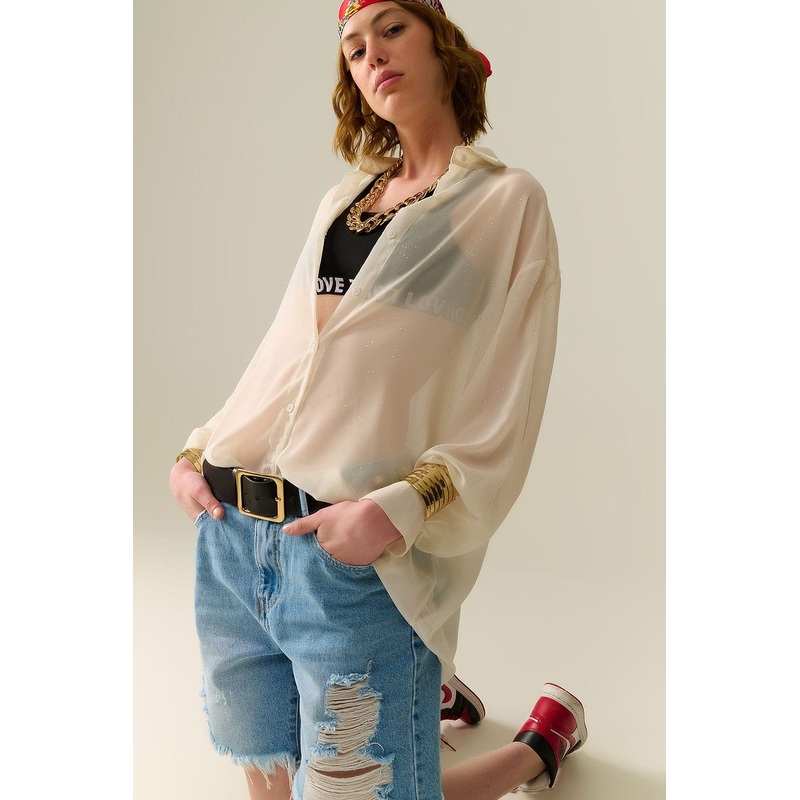 Soft Beige Chiffon Blouse With Glitter Detail