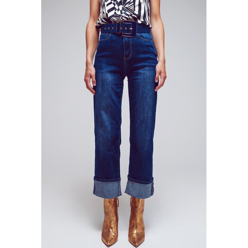 Straight Jeans With Folded Hem In Mid Blue Wash