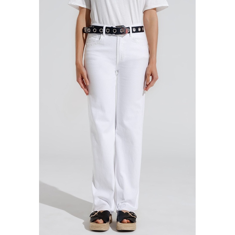 Stretch Denim Straight Jeans With 5 Pockets In White