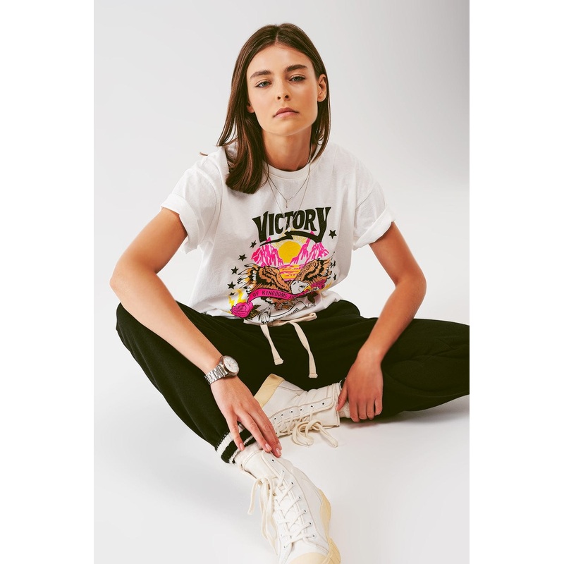 T-Shirt With Victory Tt-Shirt With Victory Text In Grayish Whiteext In Grayish White