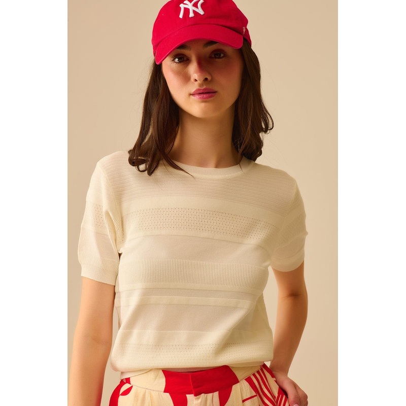 Textured Stripe Knit Sweater In White