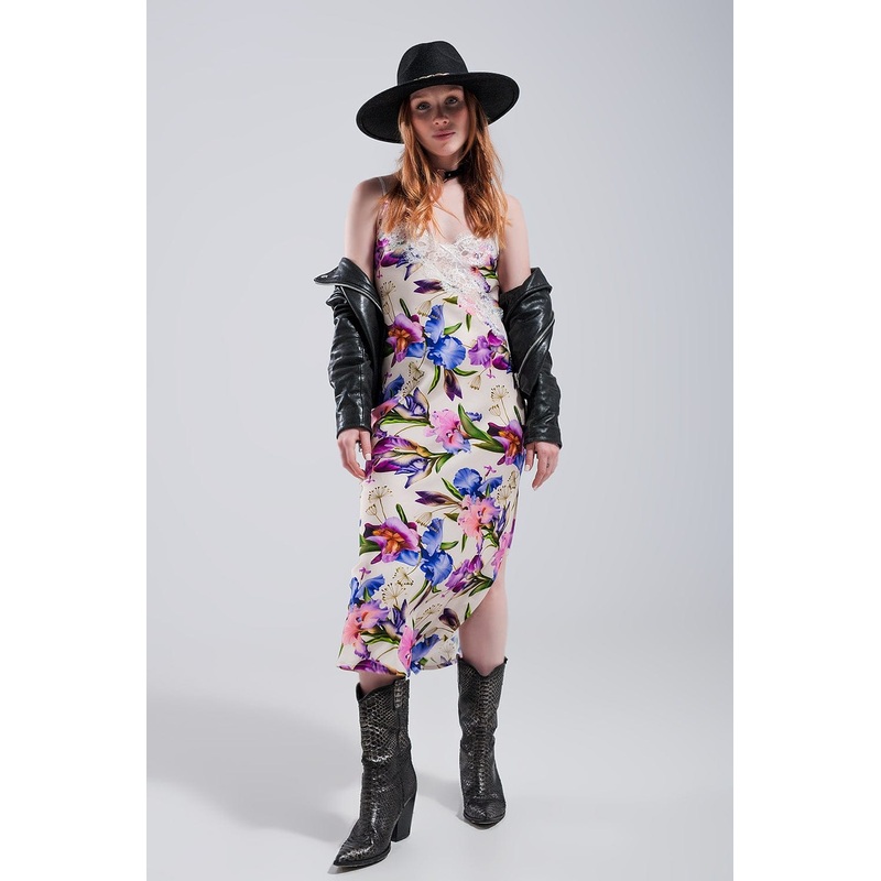 V Back Satin Midi Dress In Beige Clashing Floral Print