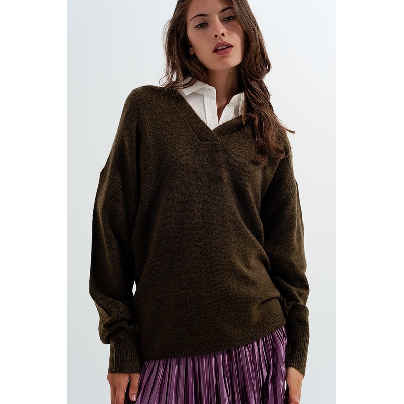 V Neck Hoodie Jumper In Green