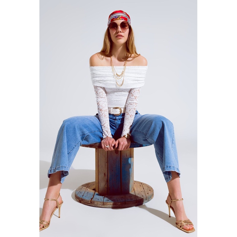 White Lace Bodycon Off The Shoulder Top