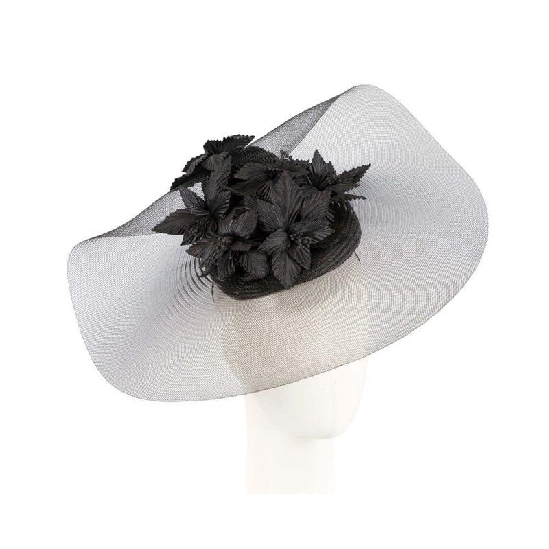 Wide brim black fascinator hat by Fillies Collection