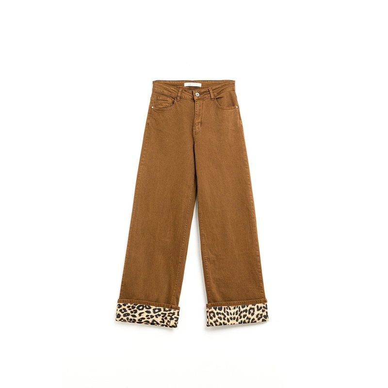 Wide Leg Camel Pants With Leopard Print At The Bottom