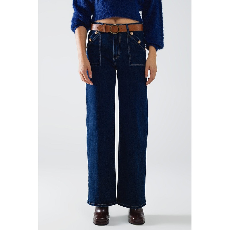 Wide Leg Jeans With 3 Button Detail