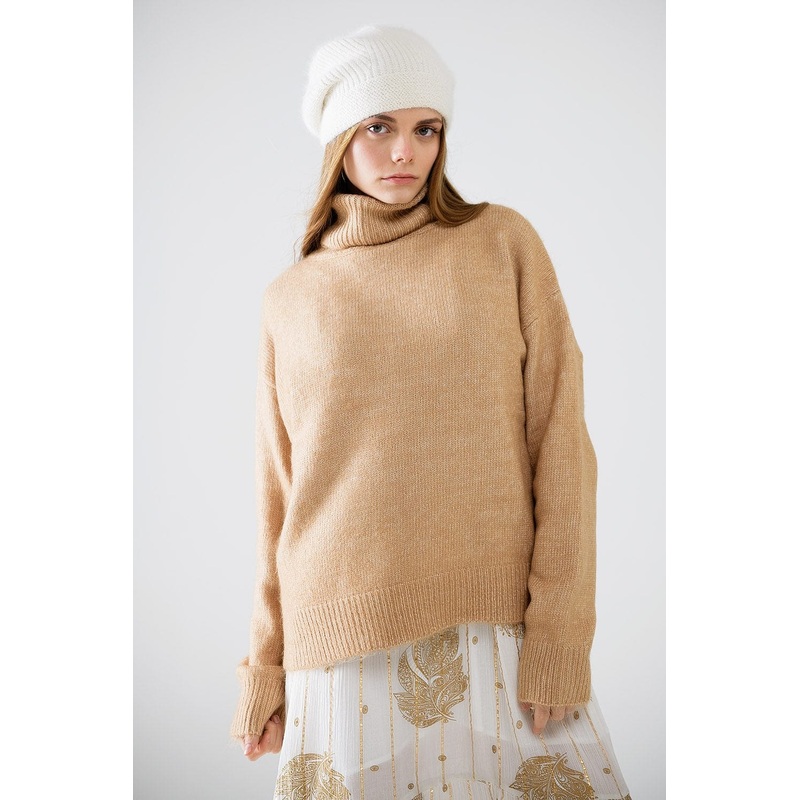 Beige Turtleneck Jumper With Dropped Sleeves
