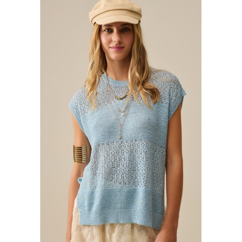 Blue Sweater With Soft Open Knit And Dropped Sleeves