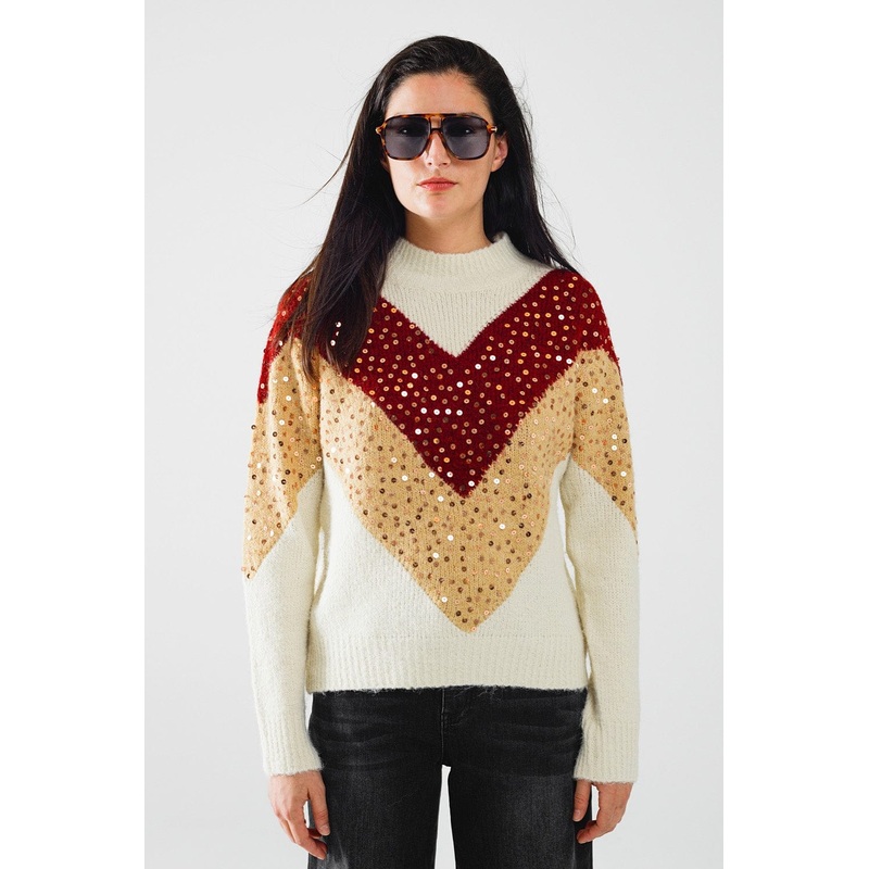 Burgundy And Beige Color Block Knit Sweater With Sequin Embellishment