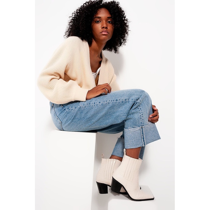 Cardigan With Long Sleeves And Diamante Button Detail In Cream