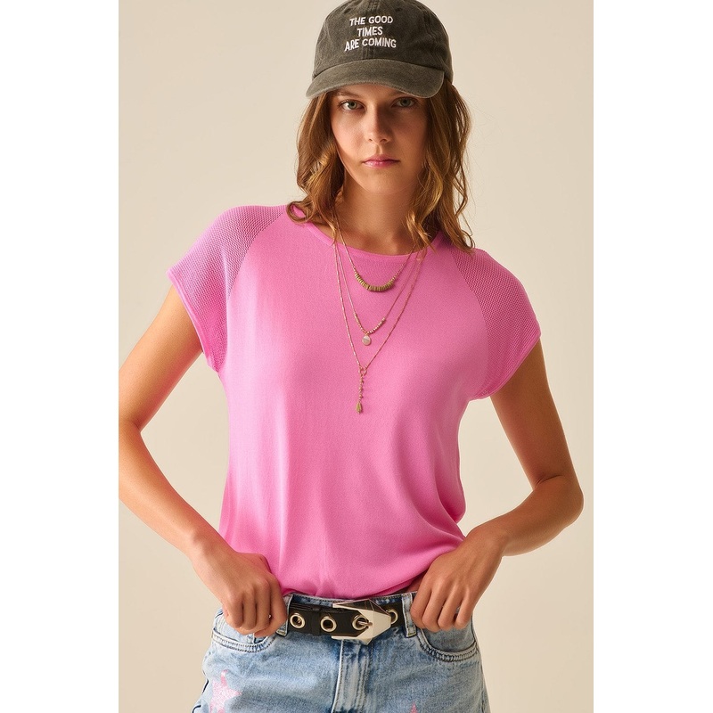 Fuchsia Short Sleeve Sweater With Knitted Mesh On The Shoulder