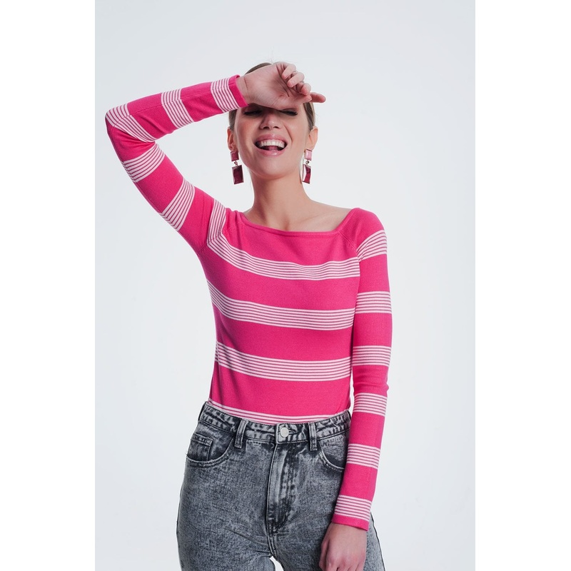 Fuchsia Striped Sweater With Boat Neck