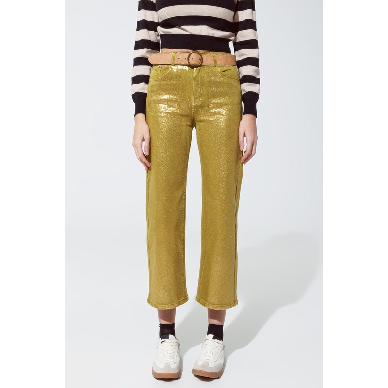 Green Straight Leg Jeans With Gold Metallic Glow