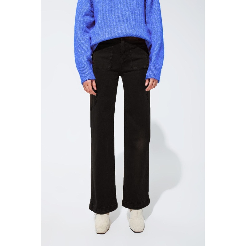 High Waisted Front Pockets Flare Jeans In Black