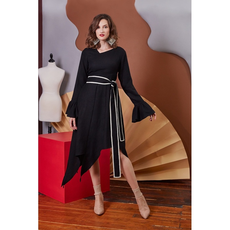 Lavanya Coodly Women’s Kara Black Merino Wool Asymmetrical Dress with Trumpet Sleeves