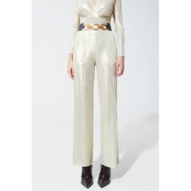 Metallic Finish Flared Legging In Pearl White.