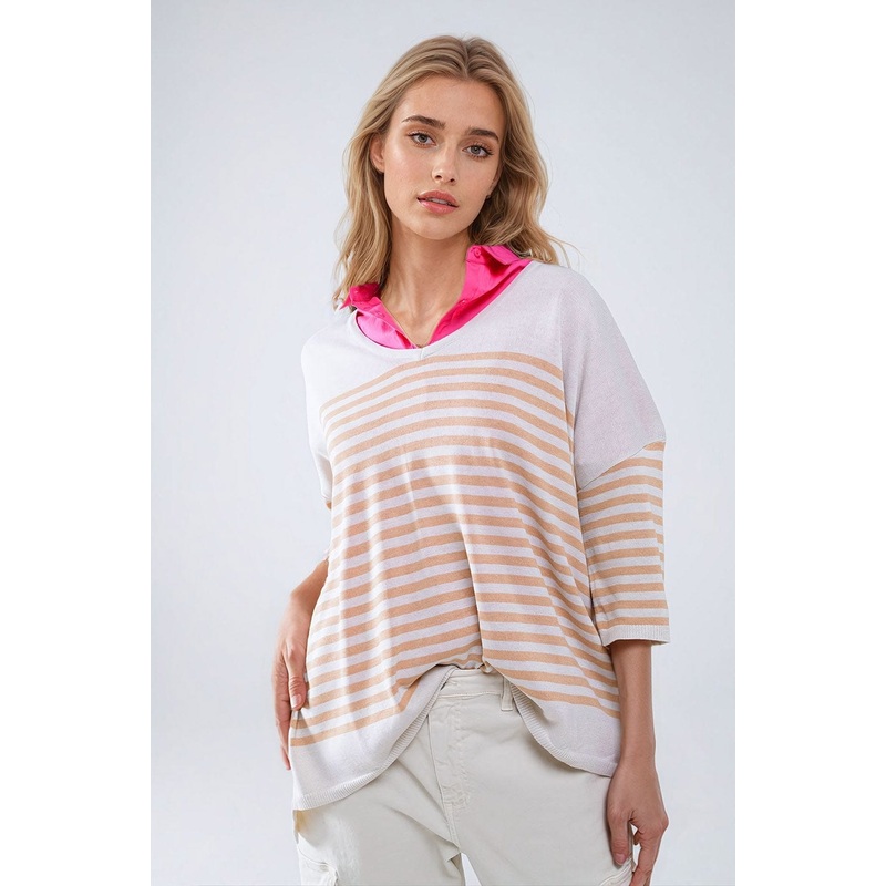 Oversized Beige Sweater With Brown Stripes And V-Neck