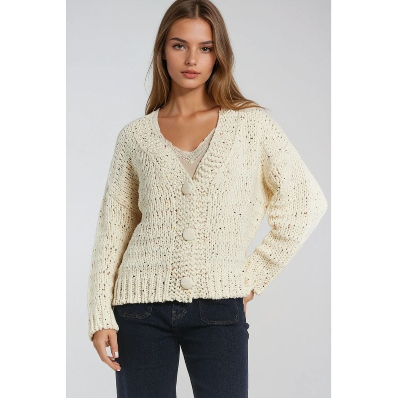 Oversized Chunky Knit Cardigan In Cream With Sequin Detail