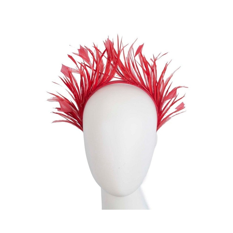 Red feather crown fascinator by Max Alexander