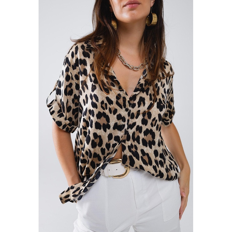 Relaxed Leopard Print Shirt With Rolled Cuffs
