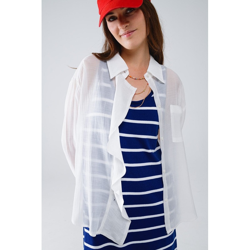 Semi Sheer White Blouse With Ruffle Detail Down The Front