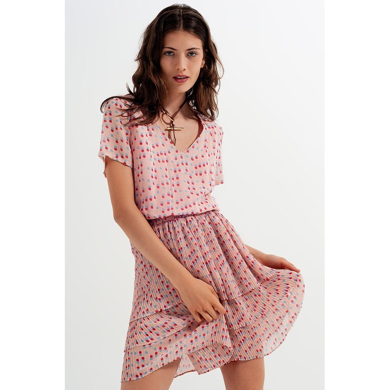 Shirred Mini Dress With Peplum In Pink