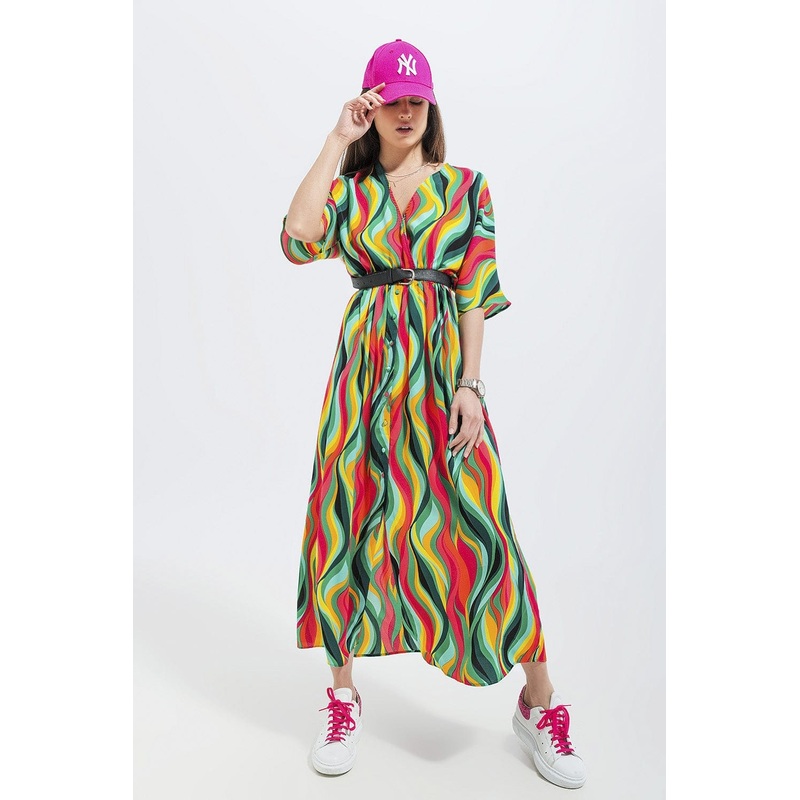 Shirt Dress In Green Abstract Swirl Print