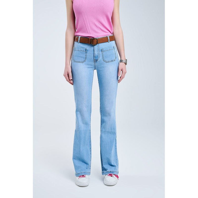 Skinny Light Wash Flare Jeans With Front Pockets