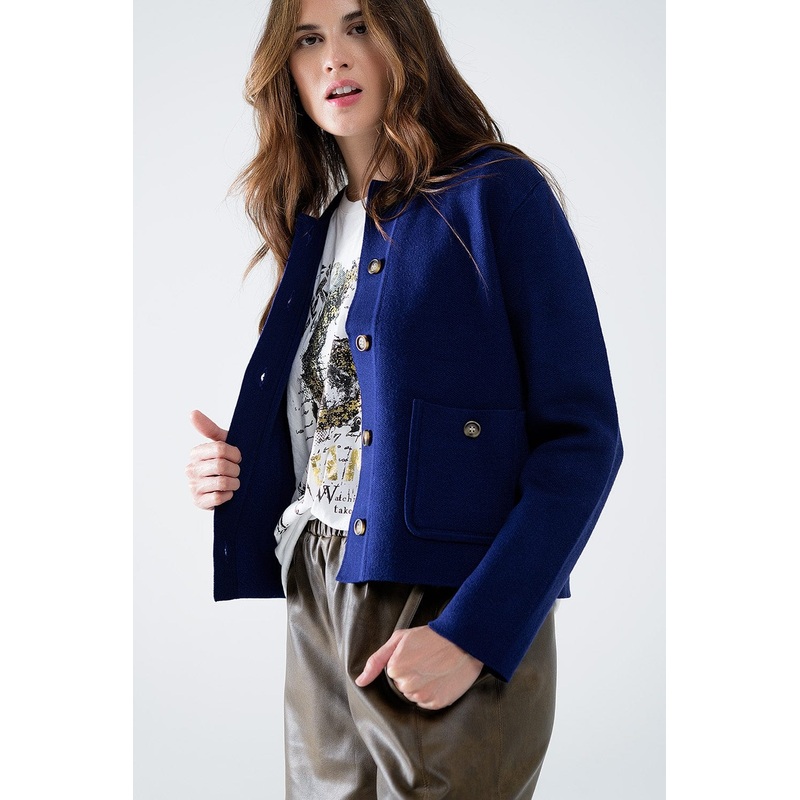 Soft Knit Cardigan In Ink Blue With Front Pockets
