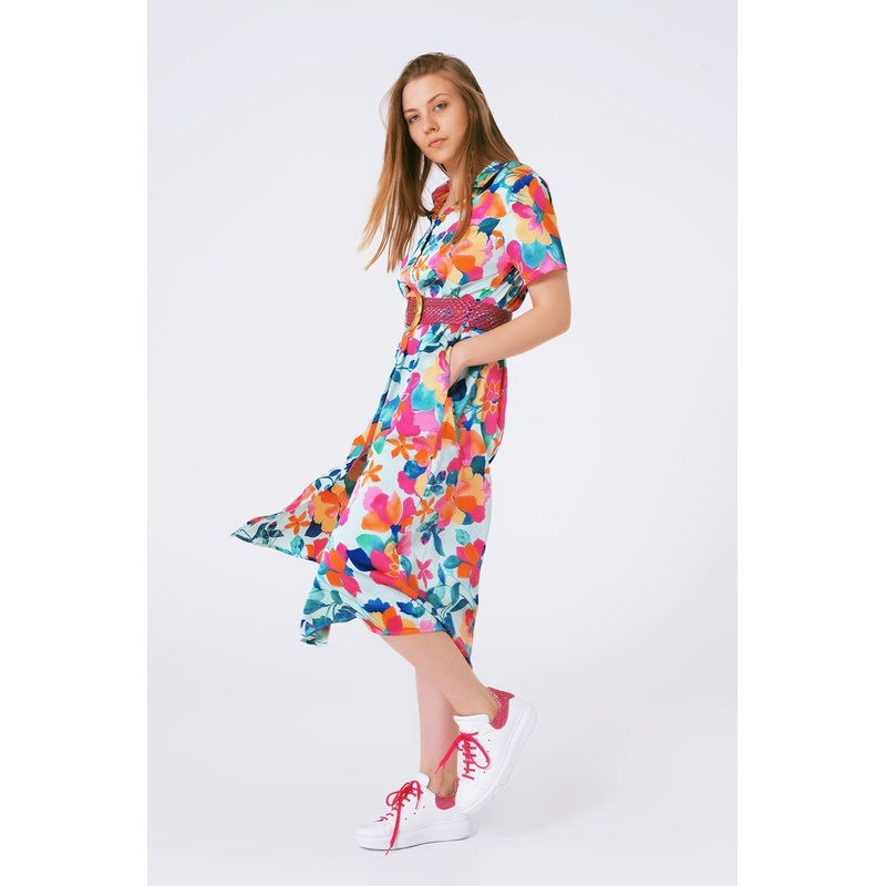 Soft Satin Midi Dress With Flower Print