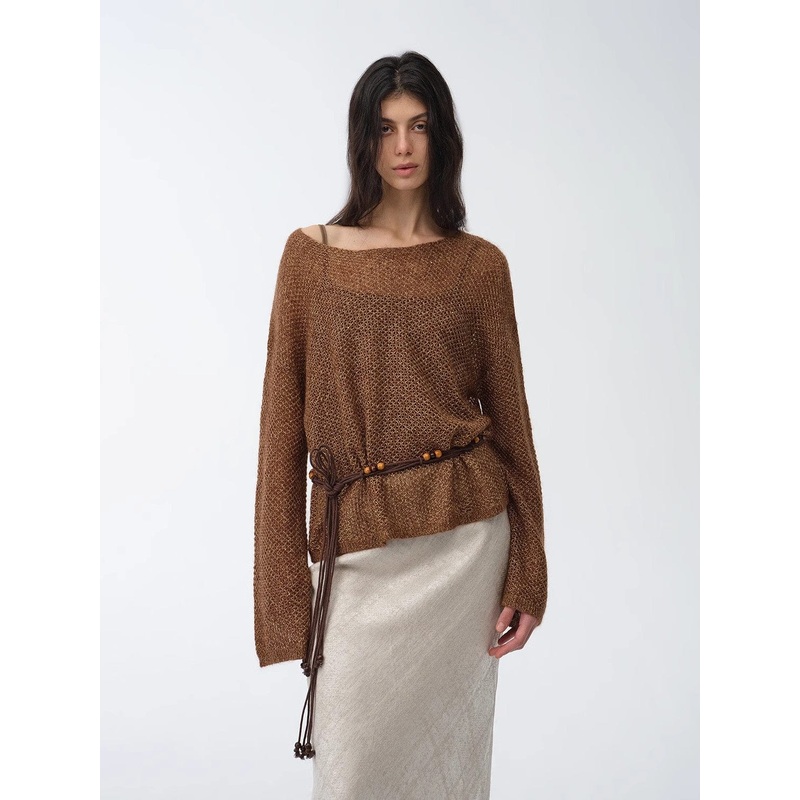 “Sparkling Spring” Mohair Blended Fancy Yarn Boat Neck Sequin Hollow Sweater Top