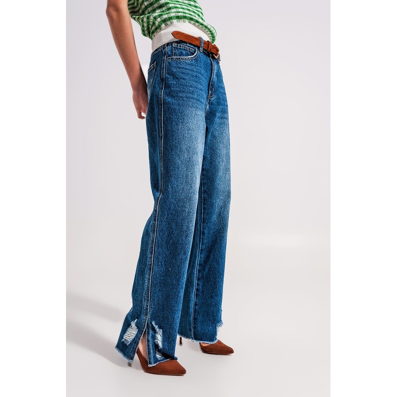 Split Hem Jeans In Medium Denim