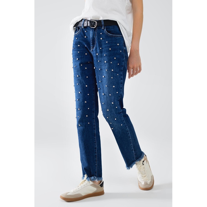 Straight Blue Jeans With Strass Front Details And Frayed Ends