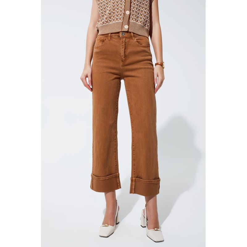 Straight Leg Jeans In Camel With Folded Trouser Legs